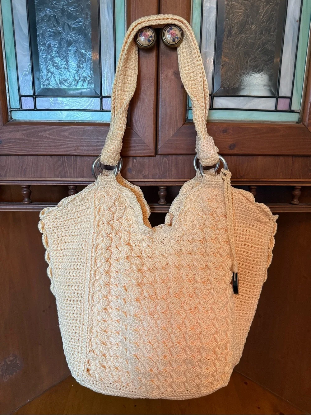 The Sak Vintage Y2K Cream Hand Crochet Hobo Shoulder Bag Textured Bubble Knit